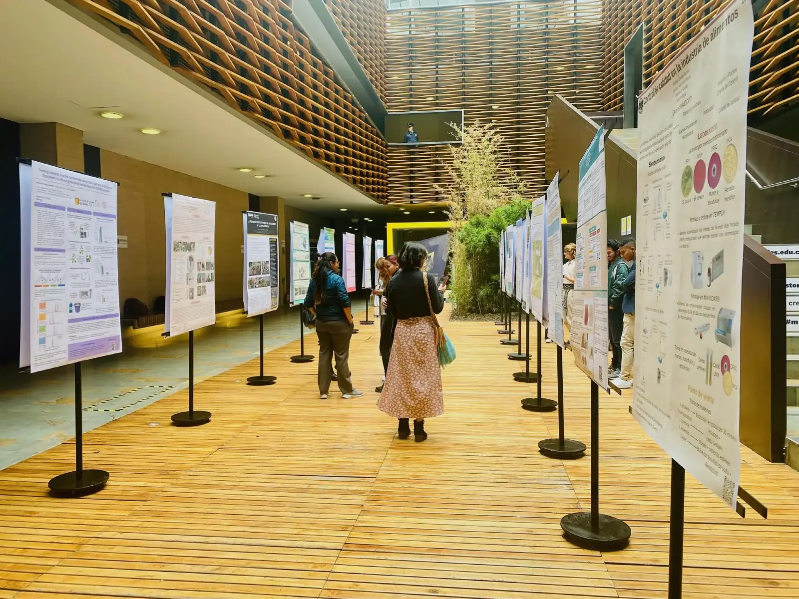 Pasillo de un congreso con una sesión de pósteres académicos instalada en portapósteres por Aviv Art